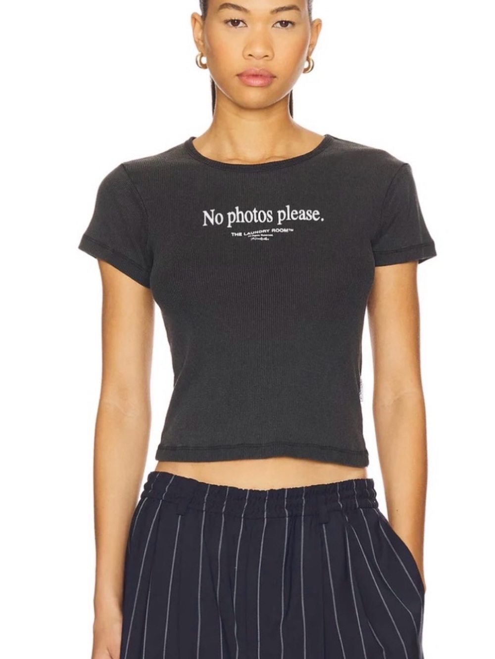 The Laundry Room "No Photos Please" Black Ribbed Crop Tee